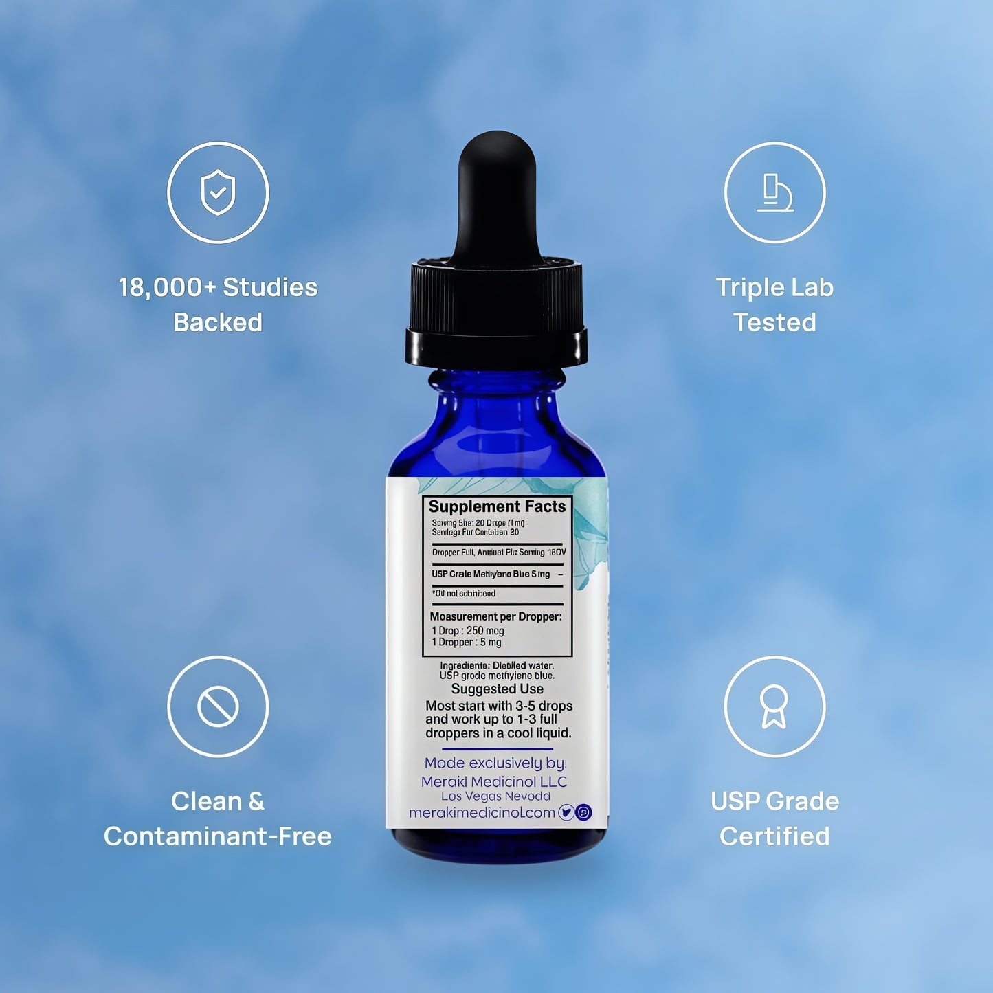 Meraki Blu USP Grade Methylene Blue Solution, 1% Formula, 30 mL Third-party tested methylene blue solution, high-purity 1% liquid formula in a 30 mL glass dropper bottle.